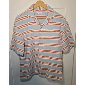 Zara Mens Medium Shirt Short Sleeve Button Down Blue Striped Knit Textured